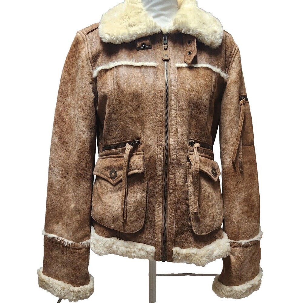 Y2K JLO by Jennifer Lopez Faux Shearling Fur Suede XL Tan Jacket Coat pockets
